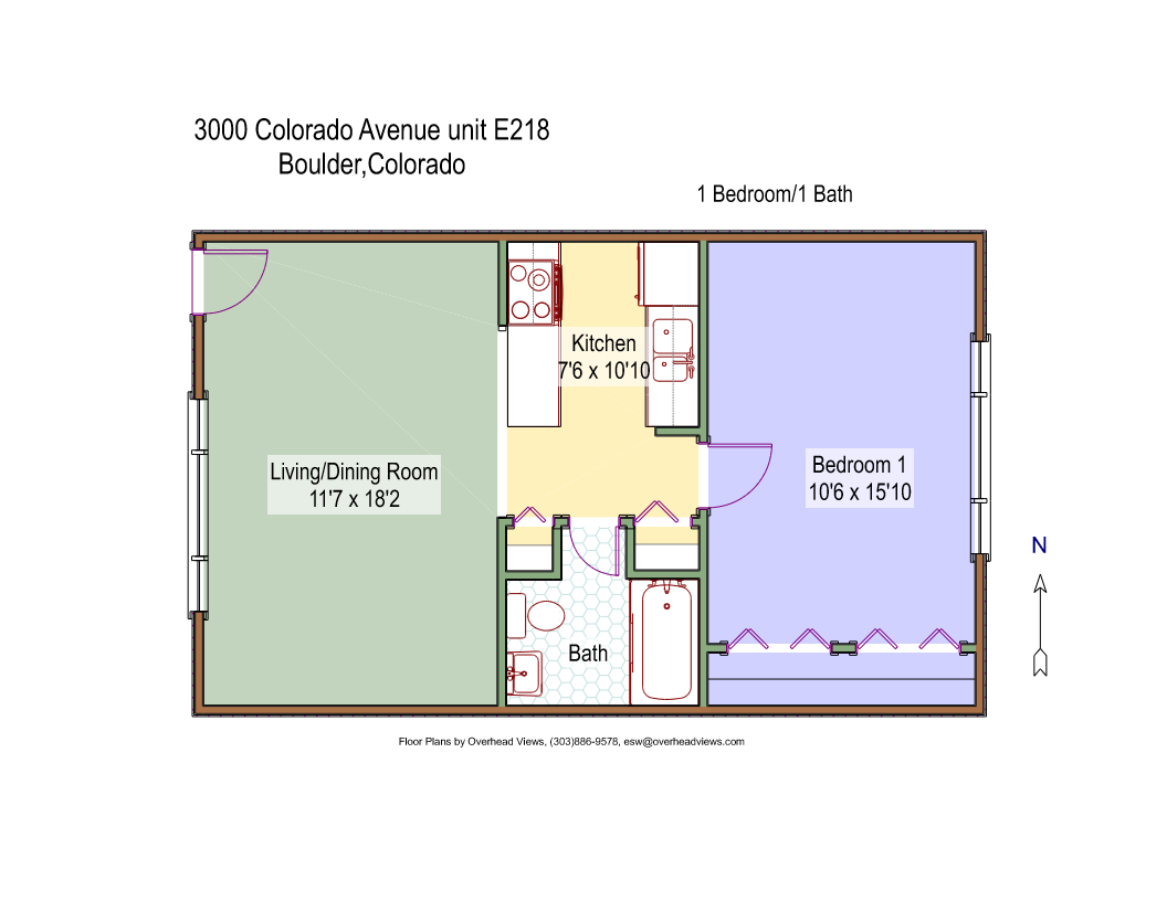Floor plan for 1 bed, 1 bath, 594 sqft
